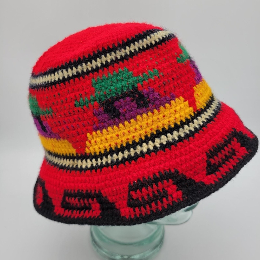 Vintage Handmade Crochet Bucket Hat Red Multi Color Geometric Boho Festival Hat
